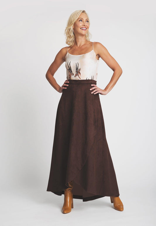 brown suede long skirt with deer printed silk camisole