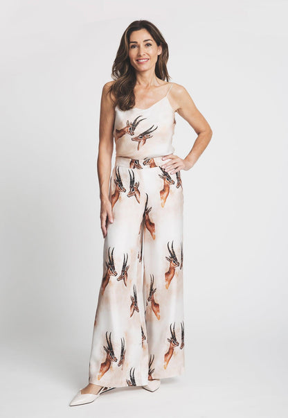 silk bellowed pant trouser with antelope print with silk camisole