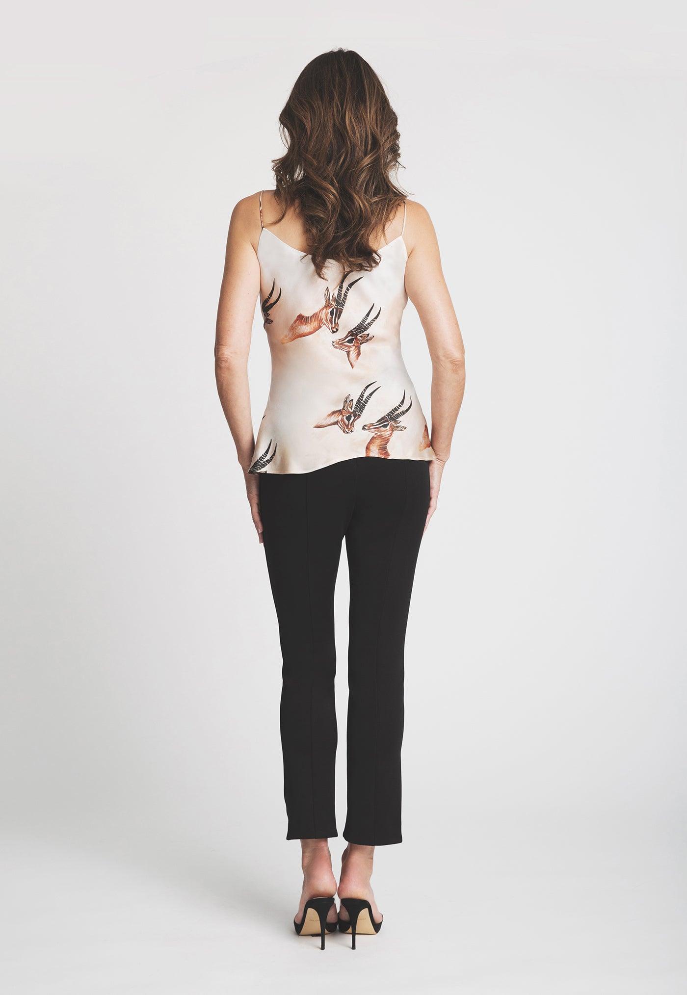 silk camisole with antelope print with black pant