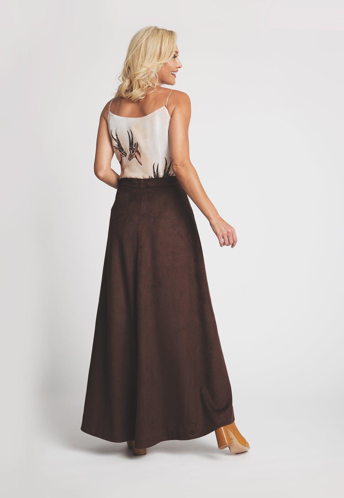 brown suede long skirt with deer printed silk camisole
