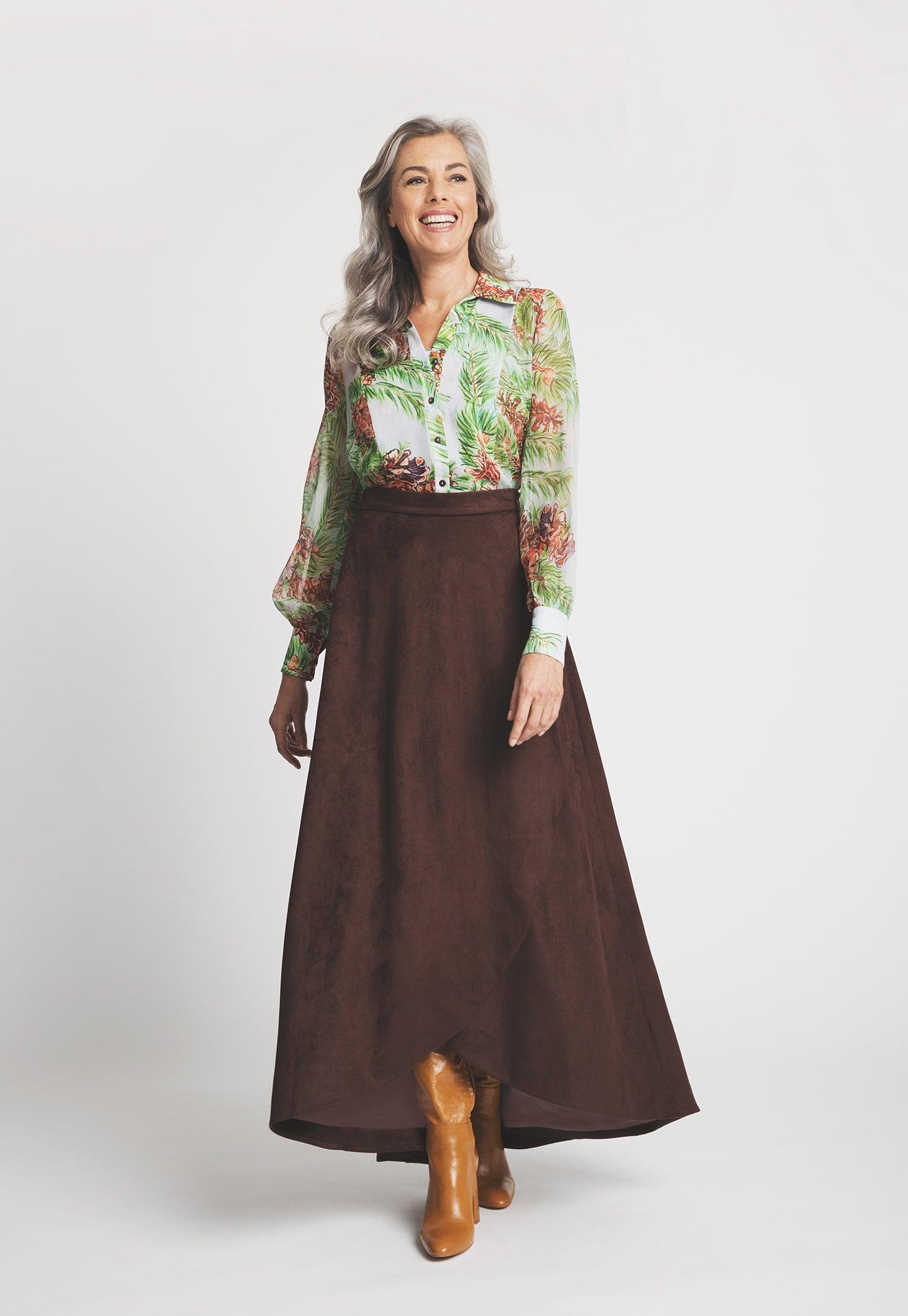 brown suede long skirt with pinecone and tree printed silk tailored blouse shirt