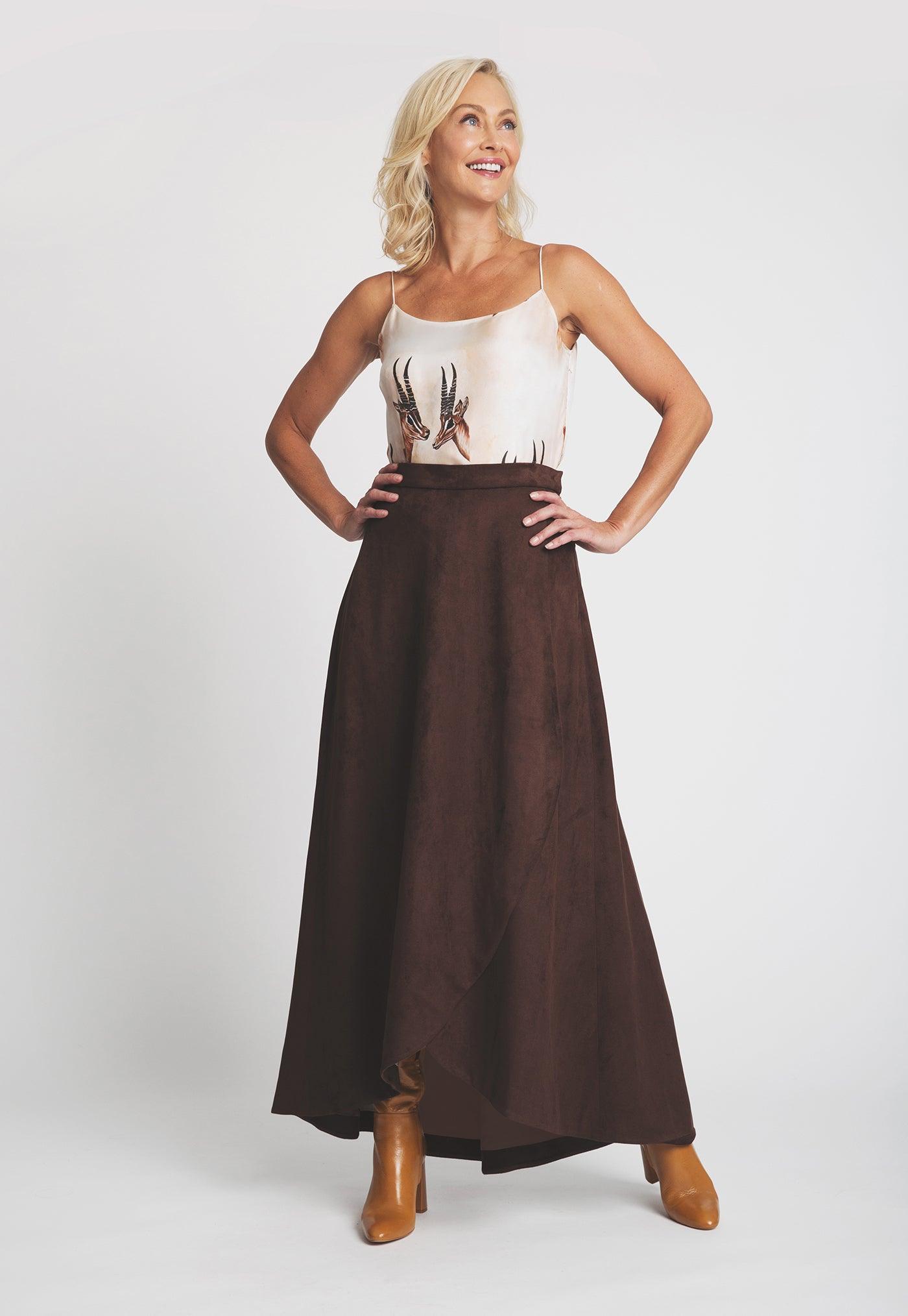 silk camisole with antelope print with brown suede long skirt