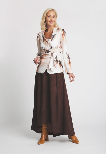 brown suede long skirt with silk deer printed wrap jacket blazer