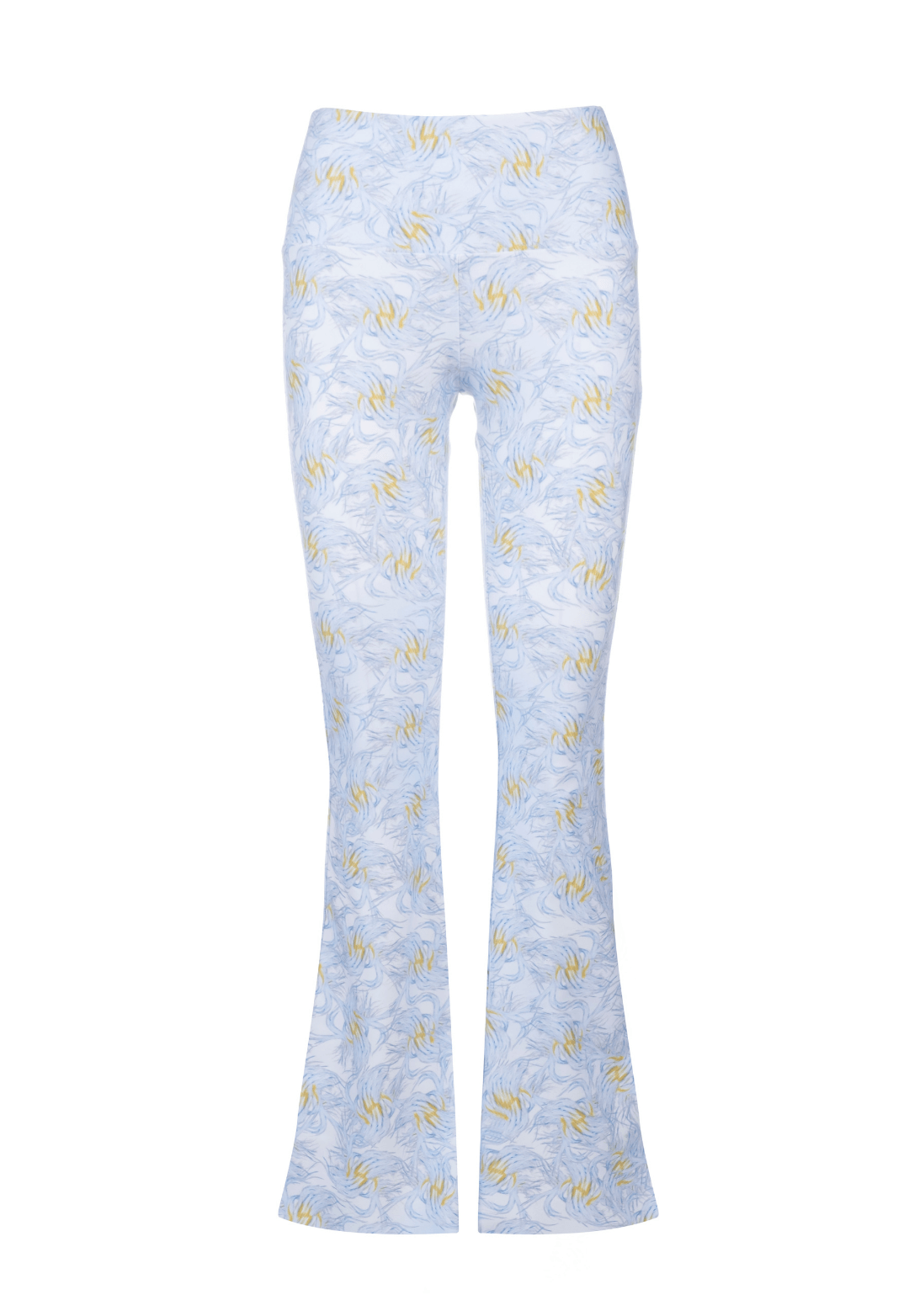 yellow and blue feather printed stretch knit pants