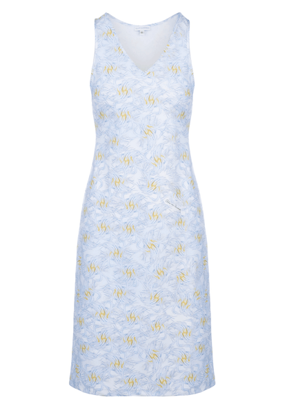 short yellow and blue feather printed stretch knit dress