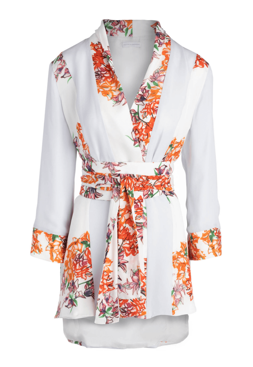 ilk blue paneled orange and white flower printed kimono style jacket with orange and white flower printed belt