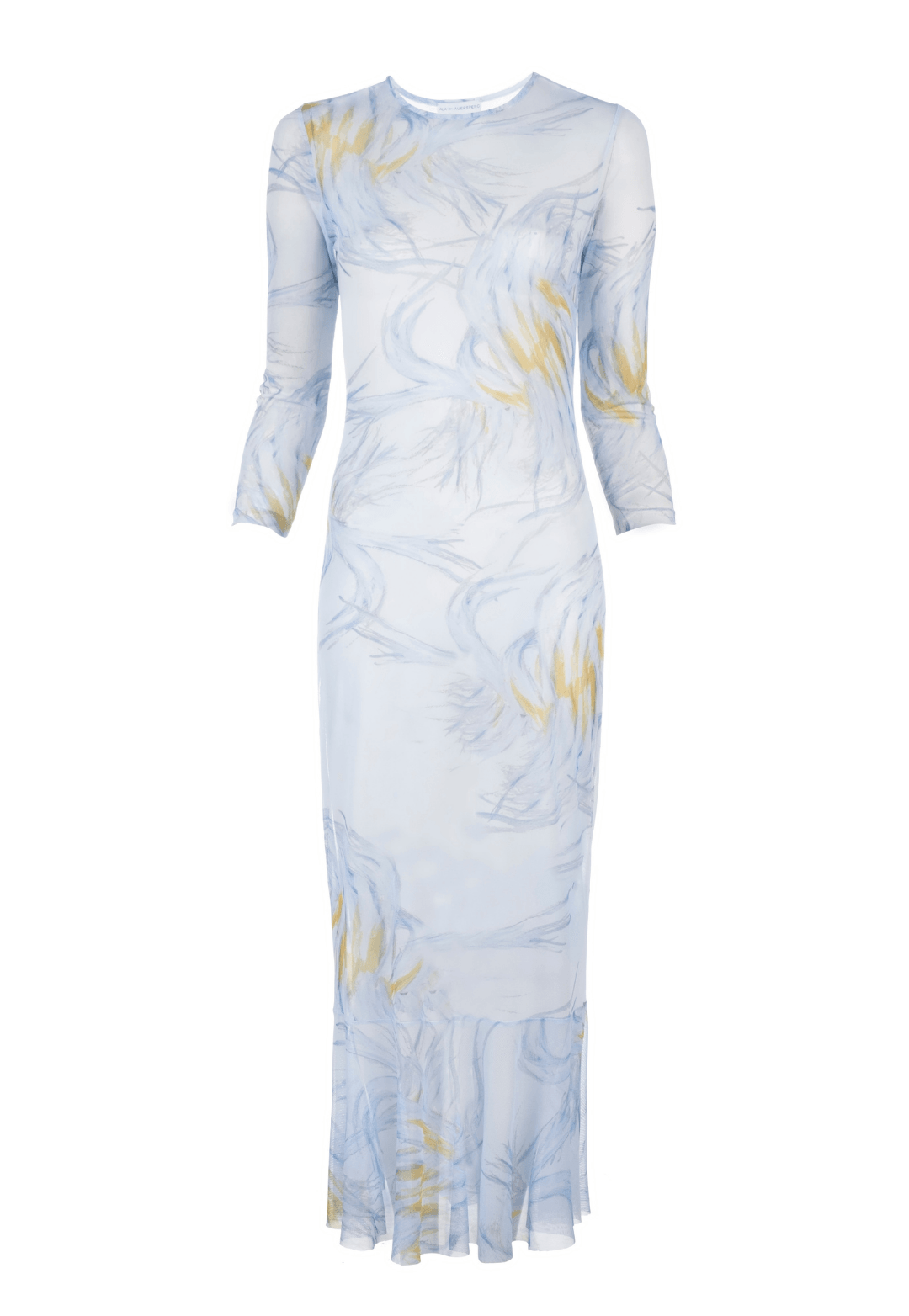 three quarter sleeve yellow and blue feather printed mesh dress