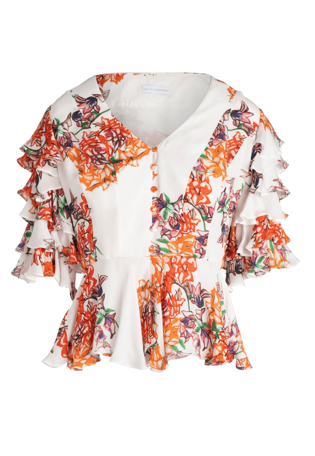 silk orange and white flower printed peplum top with buttons and ruffled sleeves