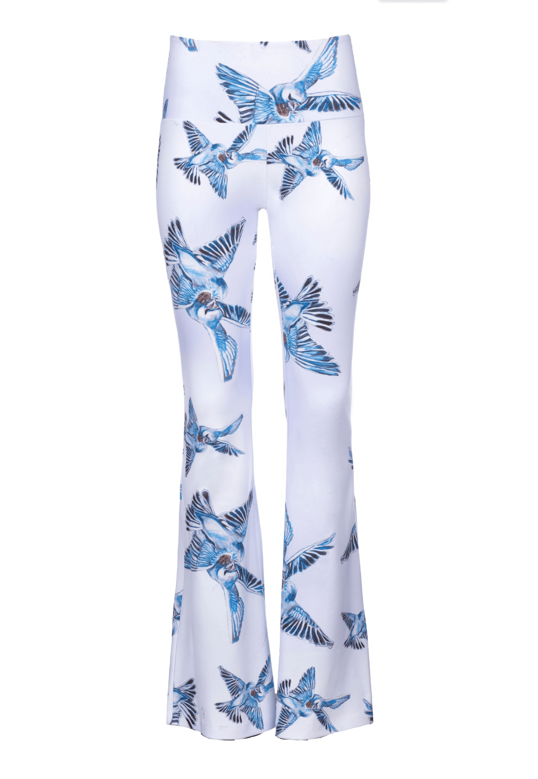 stretch knit lavender pants with blue birds printed on it by Ala von Auersperg