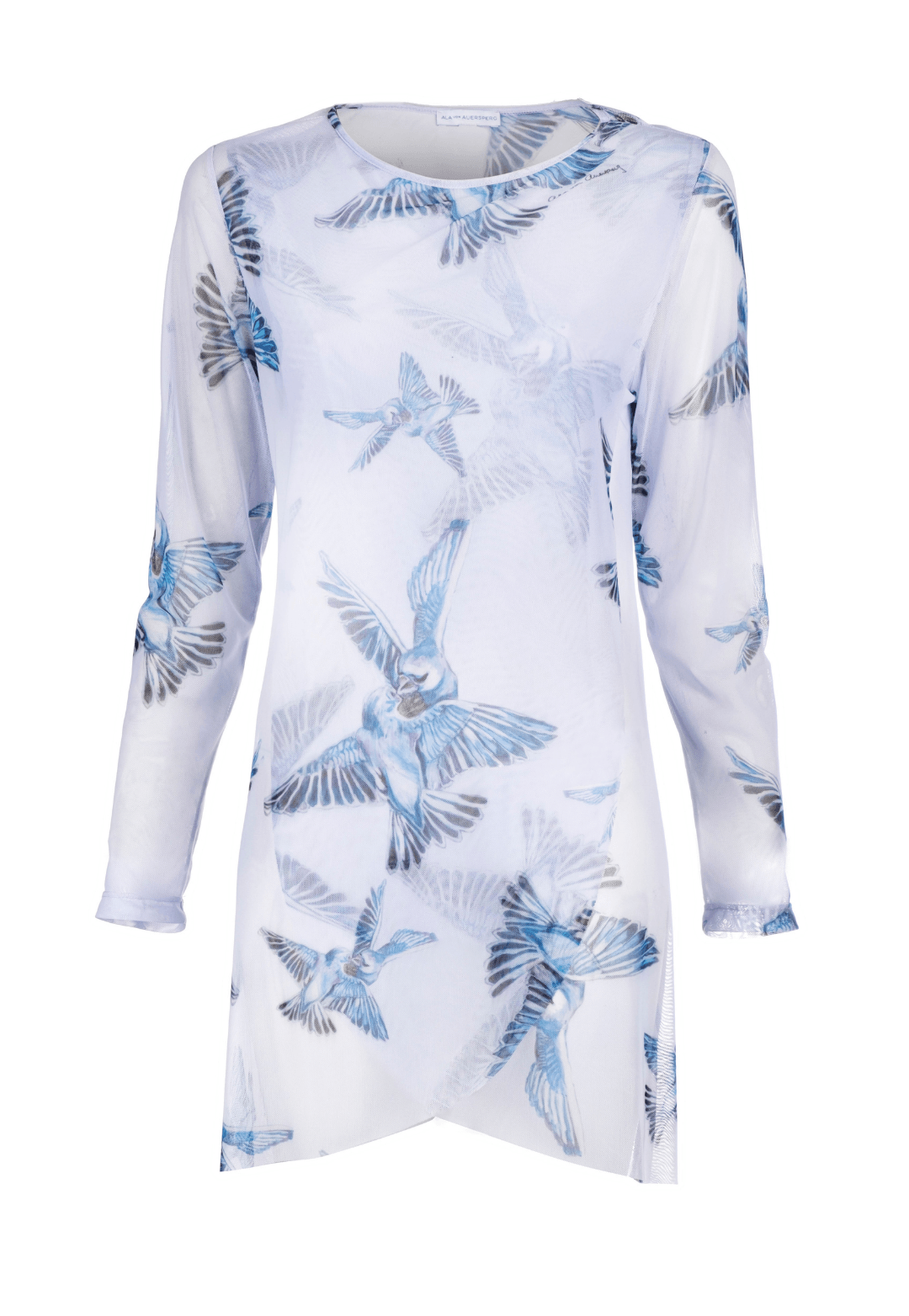 long sleeve mesh crew neck lavender top with blue birds printed on it by Ala von Auersperg