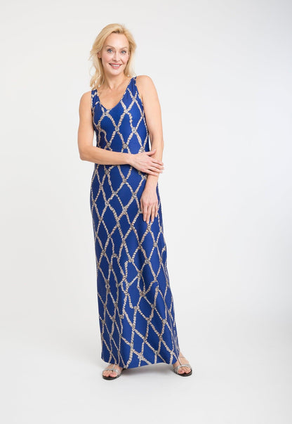 blue rope printed stretch knit long dress