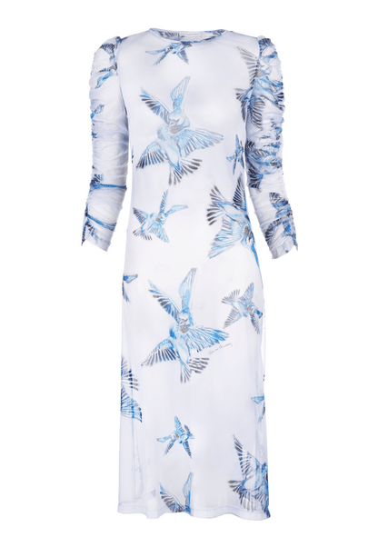 Mesh three quarter sleeve dress with blue birds printed on it by Ala von Auersperg