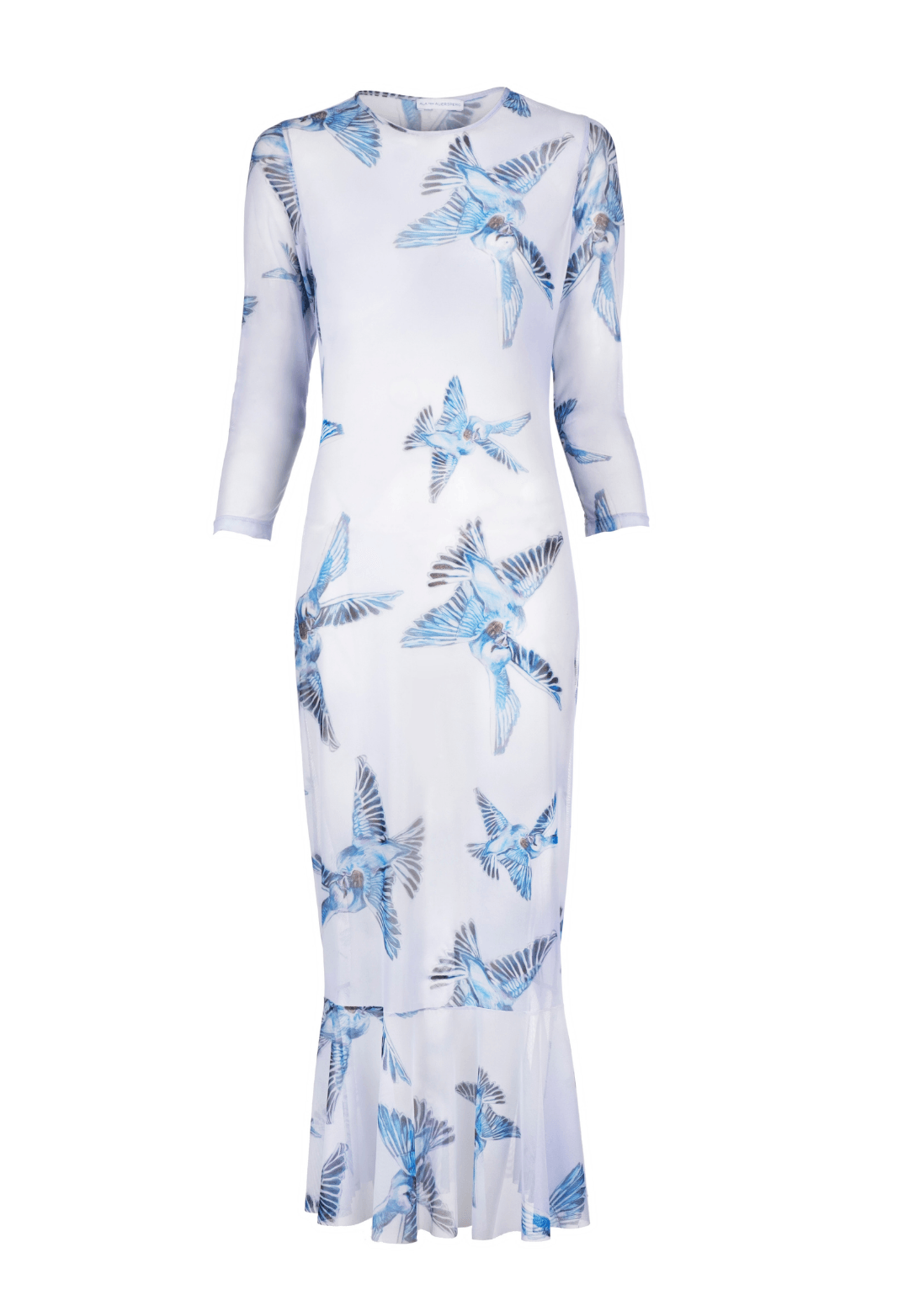 Three quarter knee length mesh lavender dress with blue birds printed