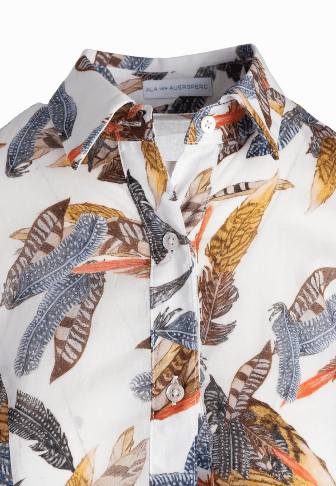 cotton white feather printed shirt knee length dress with French cuffs by Ala von Auersperg for fall 2020