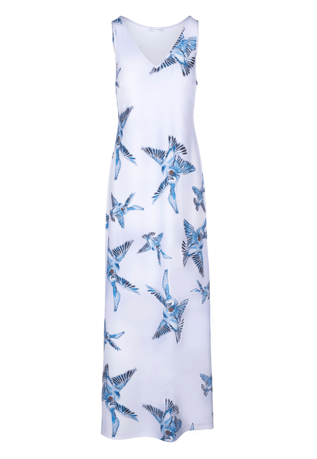 long stretch knit lavender dress with blue birds printed on it