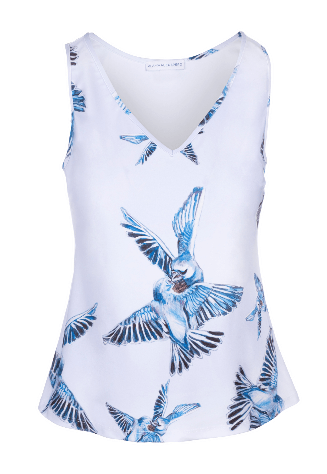 lavender stretch knit tank top with blue birds printed on it by Ala von Auersperg