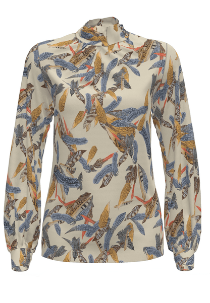 creme silk high neck long sleeve blouse top printed with feathers
