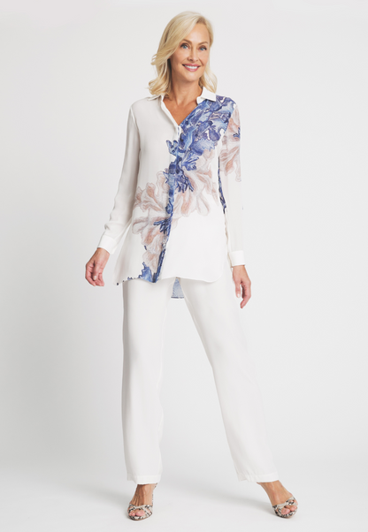 blue coral printed white silk tailored shirt blouse