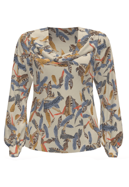 cream cowl neck silk blouse top printed with feathers
