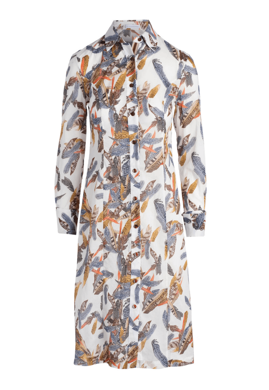 cotton white feather printed shirt knee length dress with French cuffs by Ala von Auersperg for fall 2020