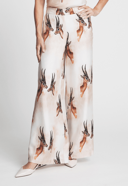 silk bellowed pant trouser with antelope print