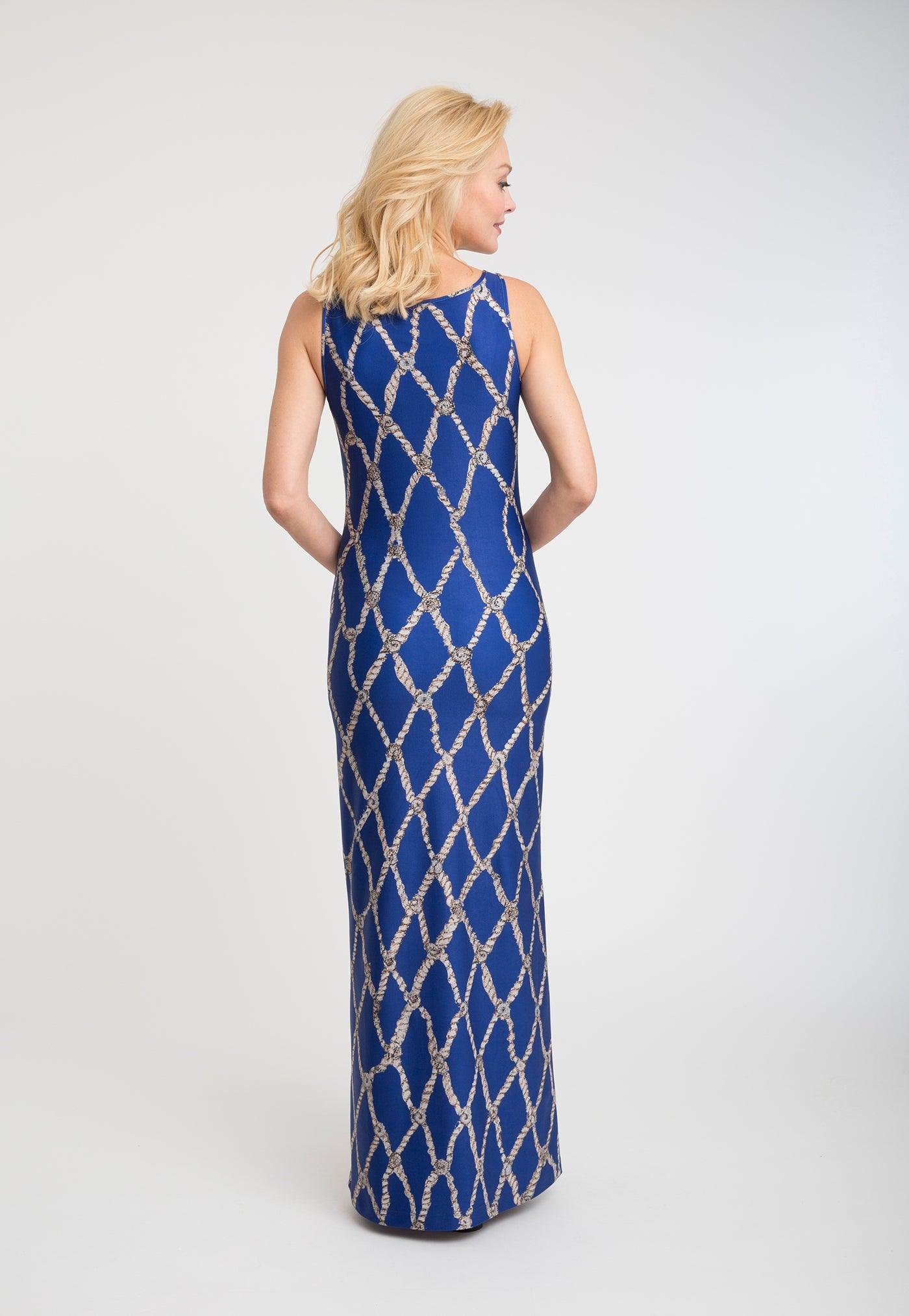 blue rope printed stretch knit long dress