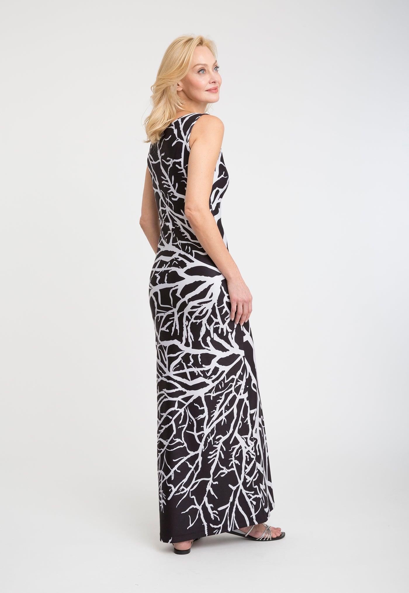 black and white coral printed stretch knit long dress