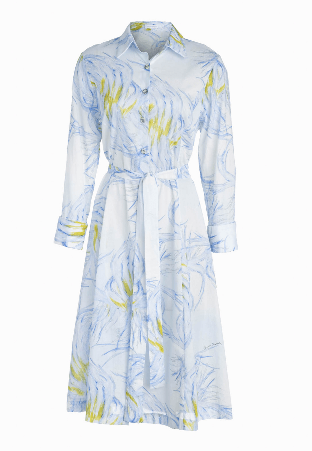 Model wearing short belted cotton shirt dress with yellow and blue feather print