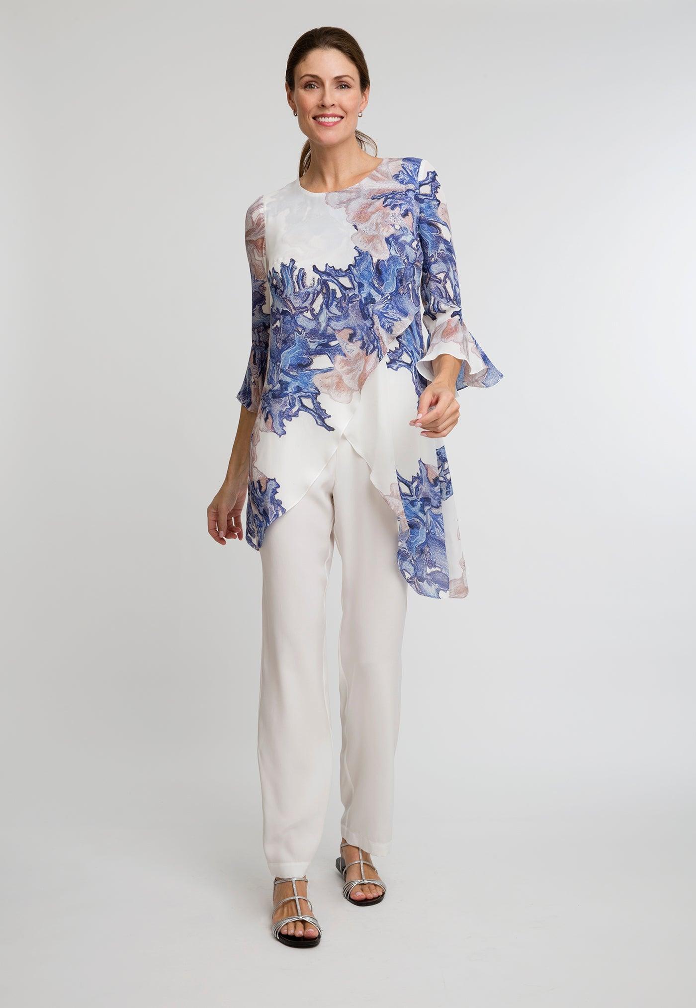 blue coral white silk asymmetrical blouse with ruffled sleeve