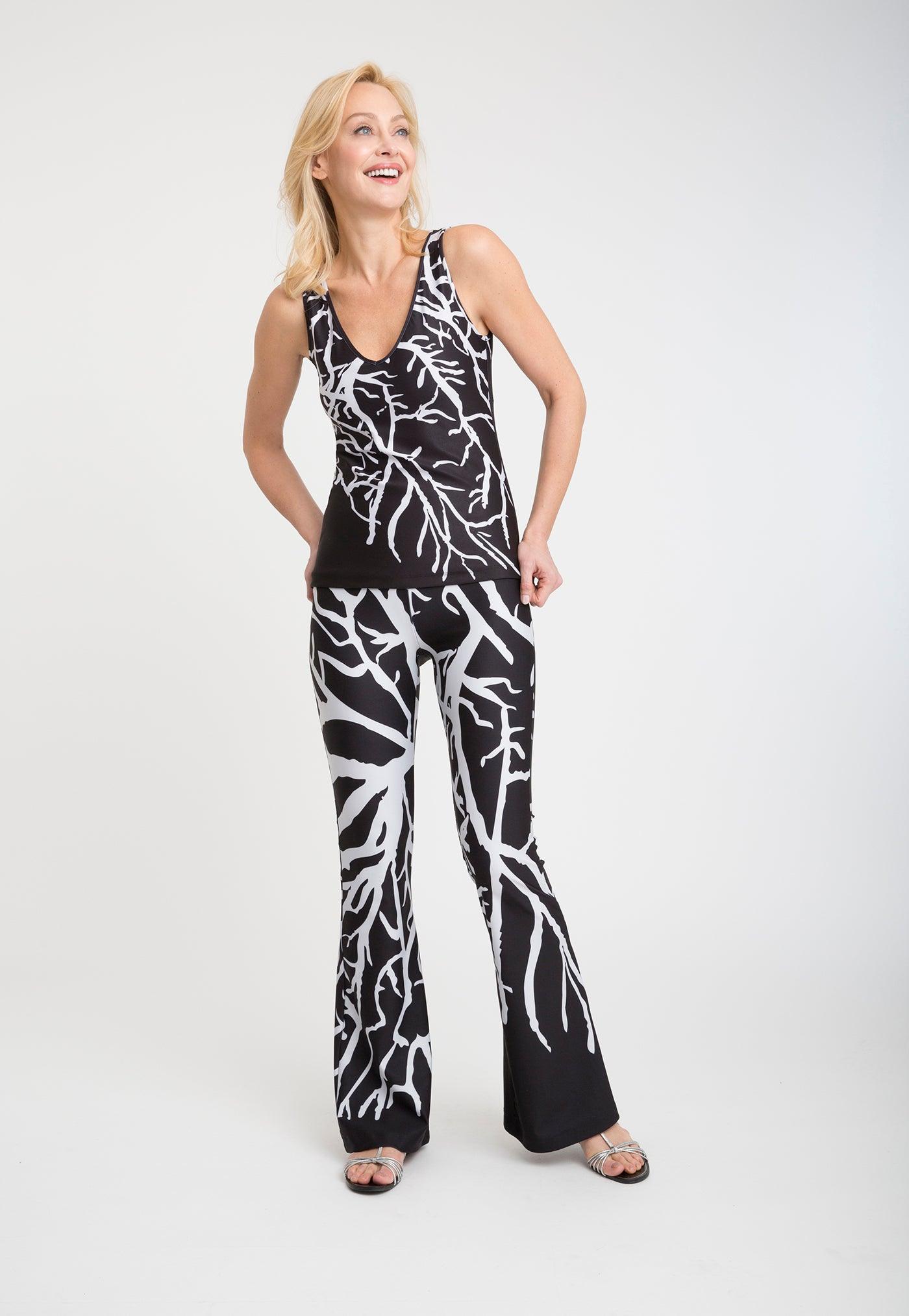 black and white coral printed stretch knit tank top with black and white coral printed stretch knit pants