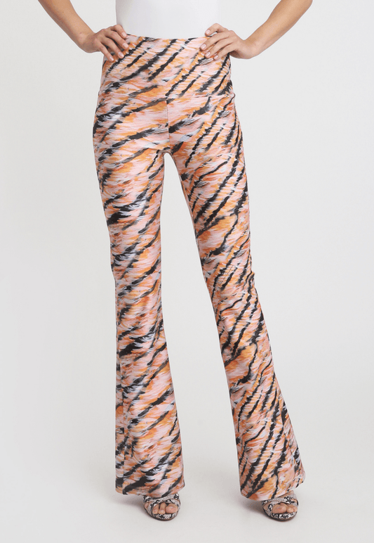 pink and orange tiger stripe printed stretch knit pants