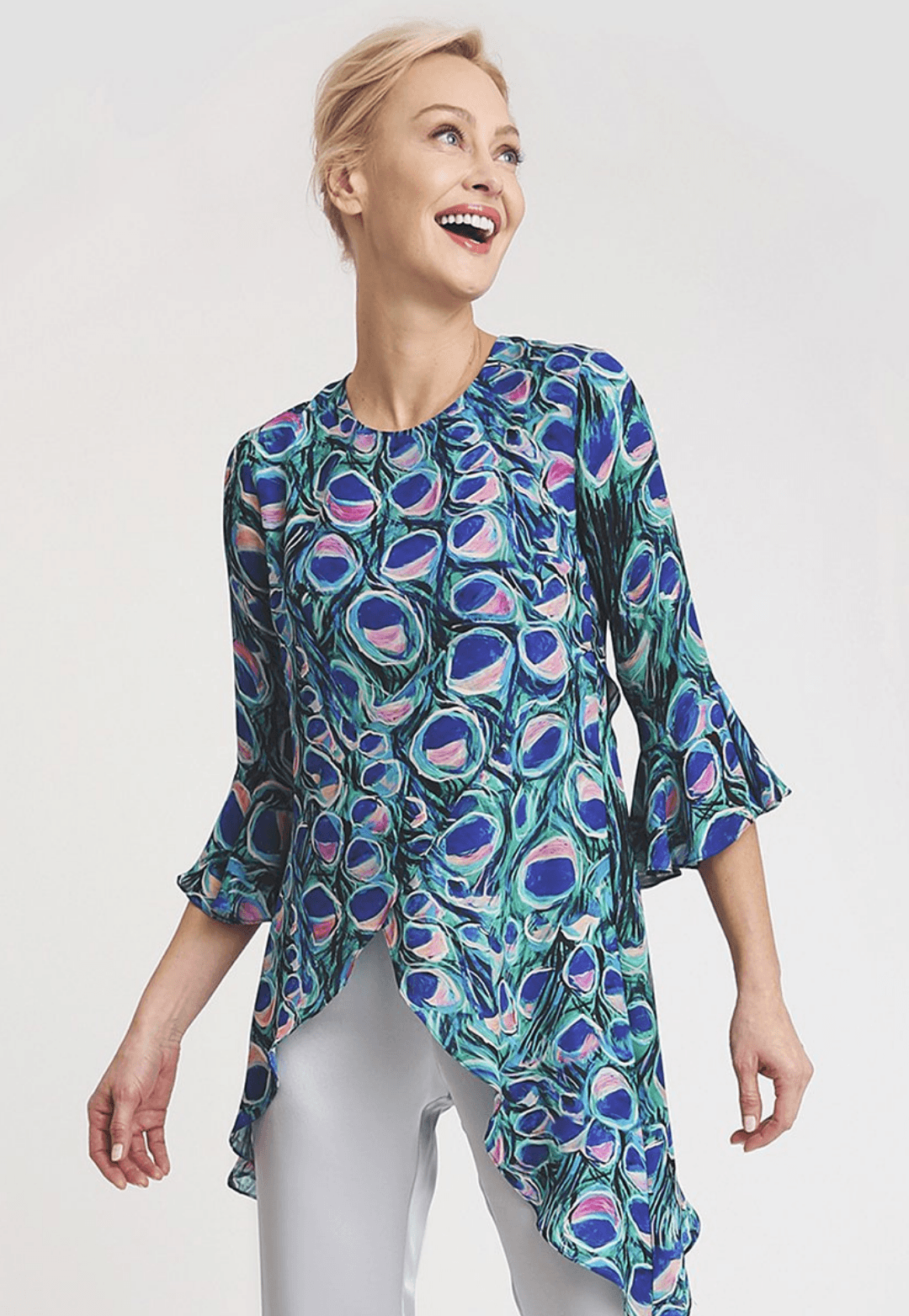 Silk peacock printed asymmetrical blouse with three quarter ruffled sleeves