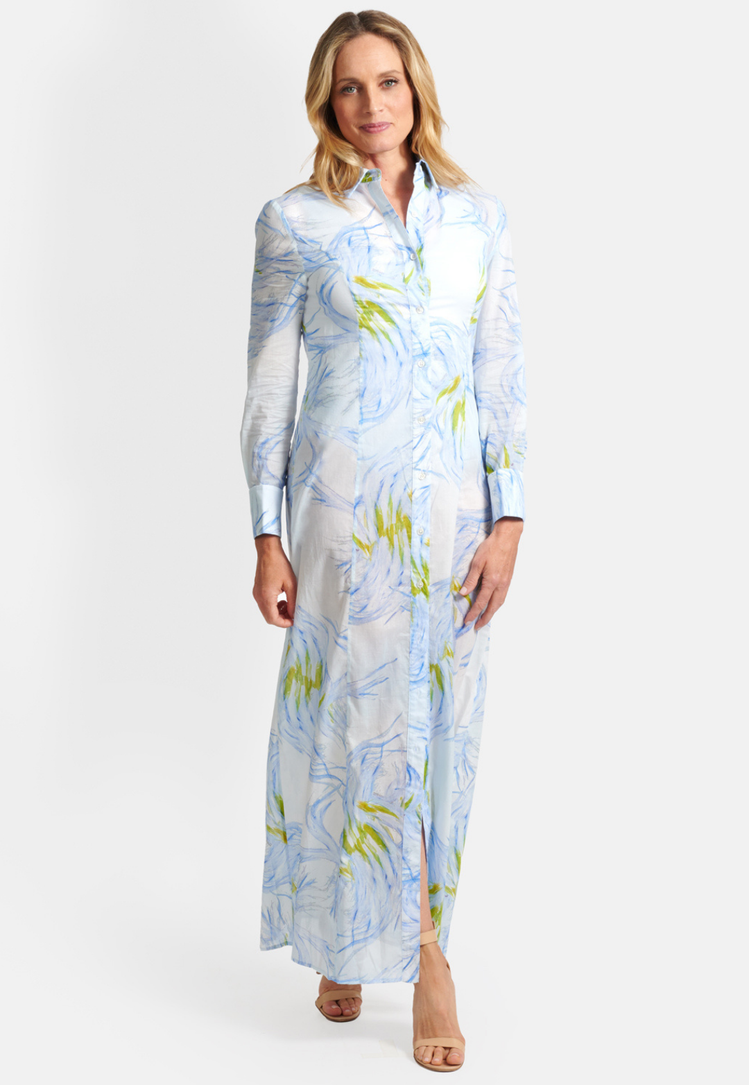 Woman wearing yellow and blue feather printed cotton shirt dress by Ala von Auersperg 