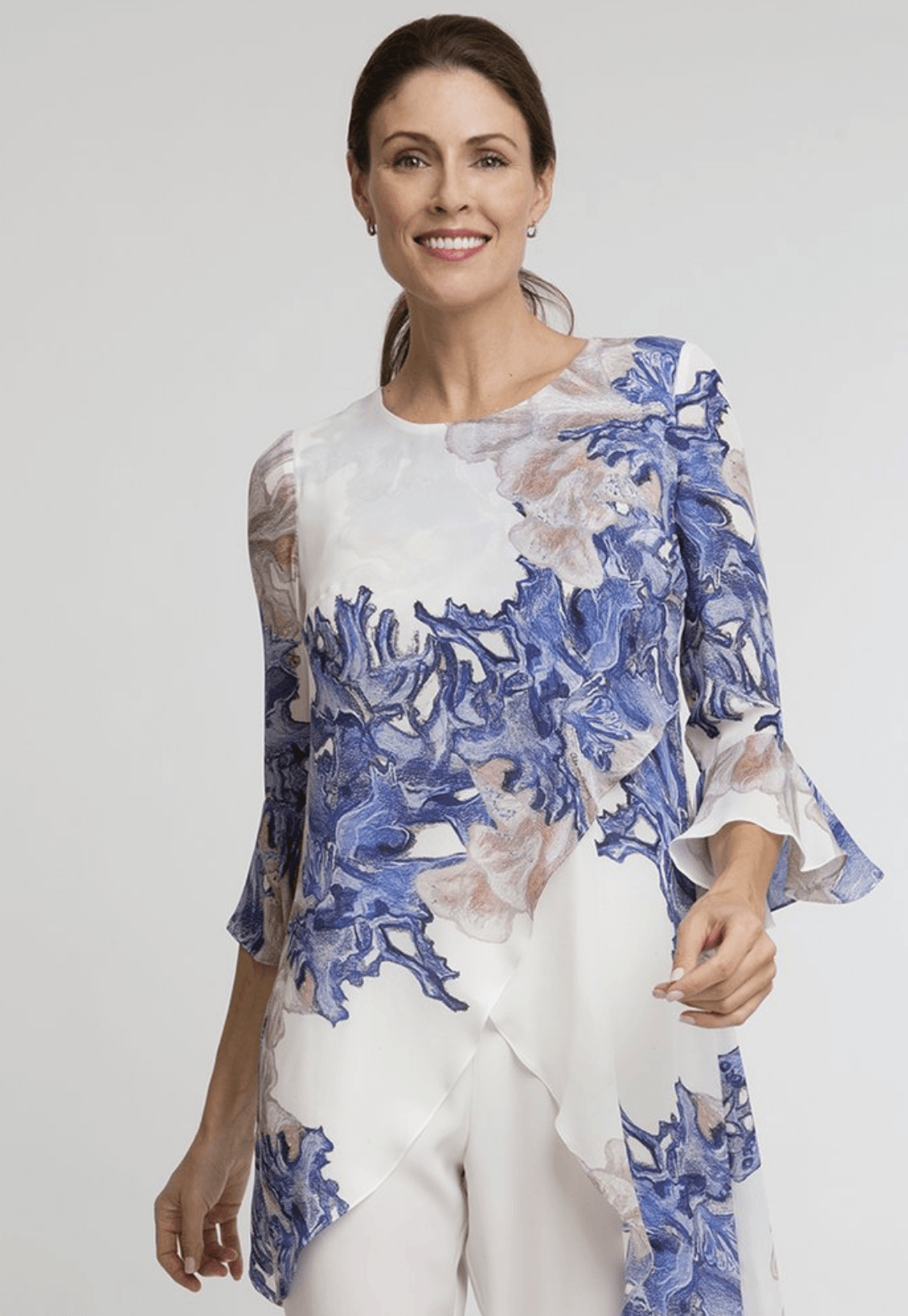 blue coral white silk asymmetrical blouse with ruffled sleeve