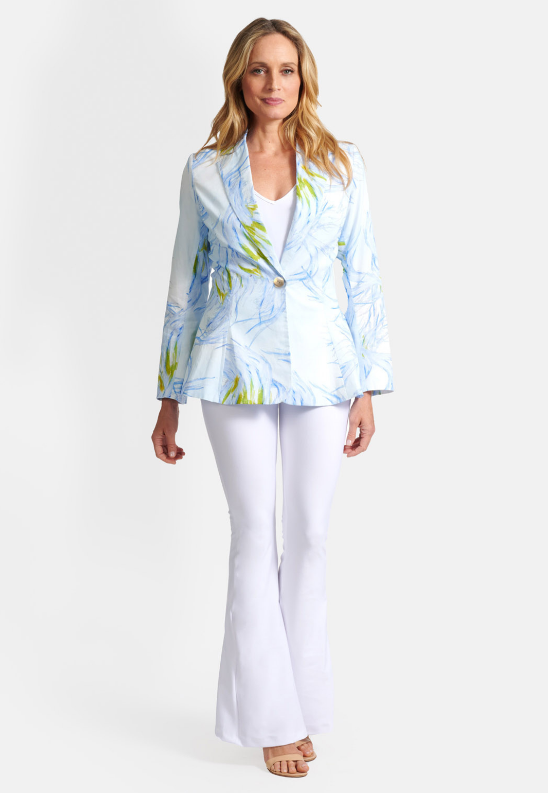 woman wearing blue and yellow feather printed cotton blazer by Ala von Auersperg