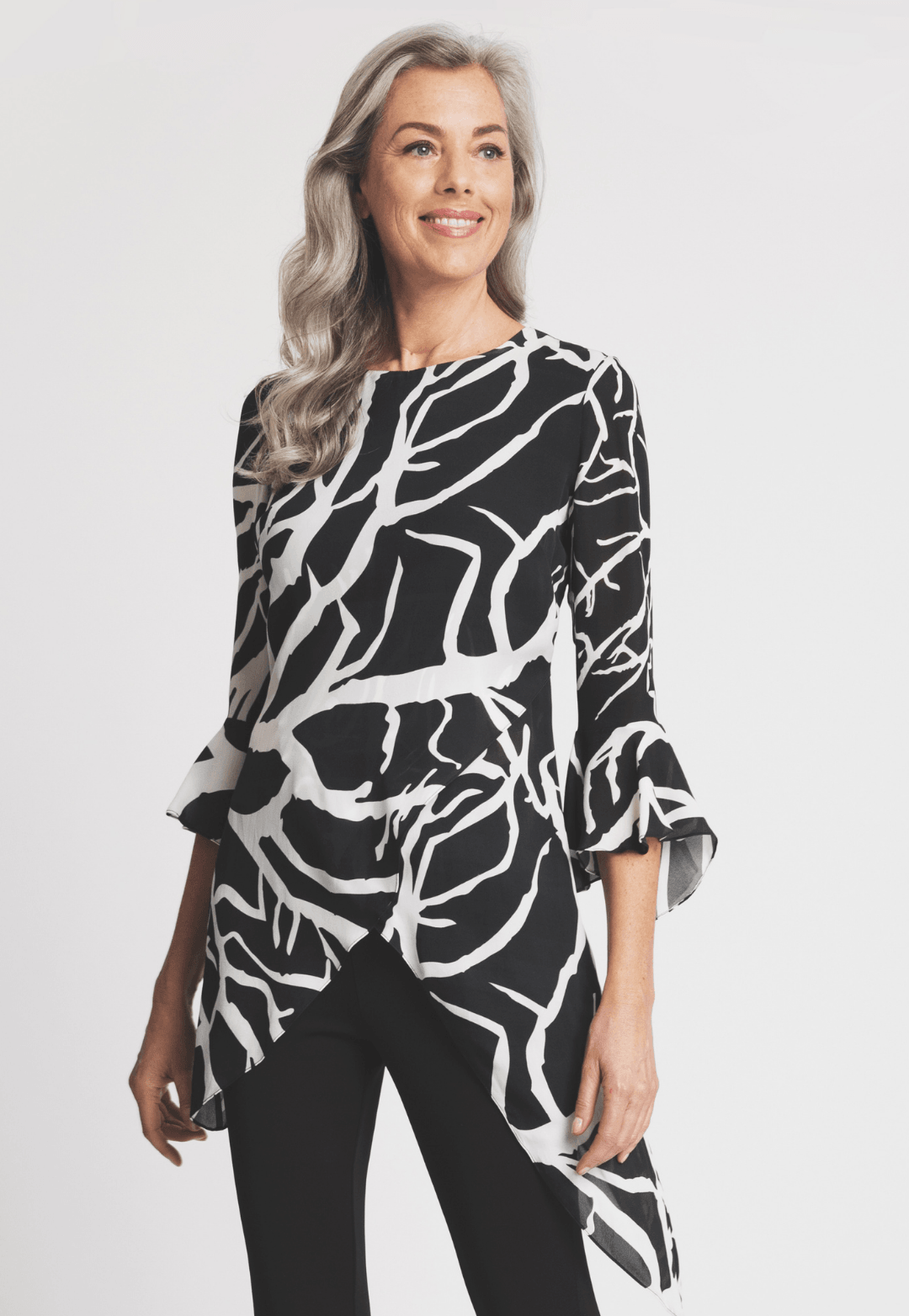 black and white coral printed silk asymmetrical blouse