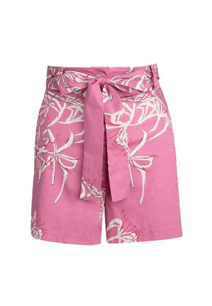Cotton pink spider lily shorts by Ala von Auersperg for spring summer 2021