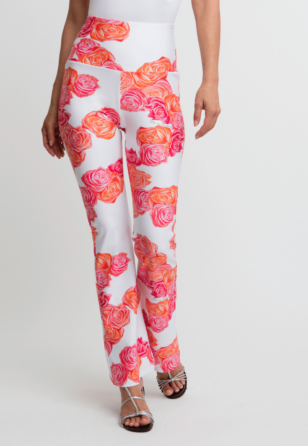 pink and orange flower printed stretch knit pants