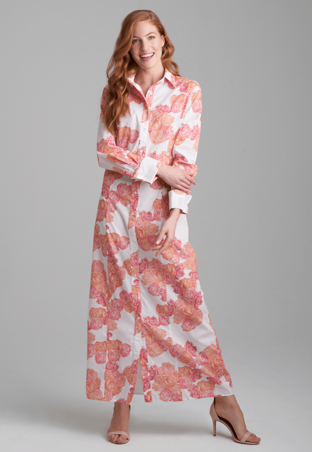 Woman wearing rose printed cotton shirt dress by Ala von Auersperg for spring summer 2022