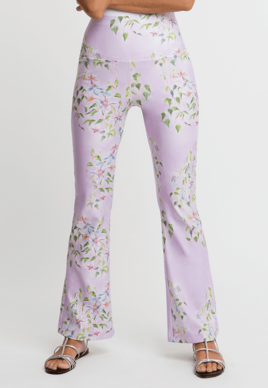 lavender flower printed stretch knit pants