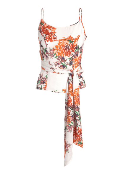silk orange and white flower printed halter top with long tie