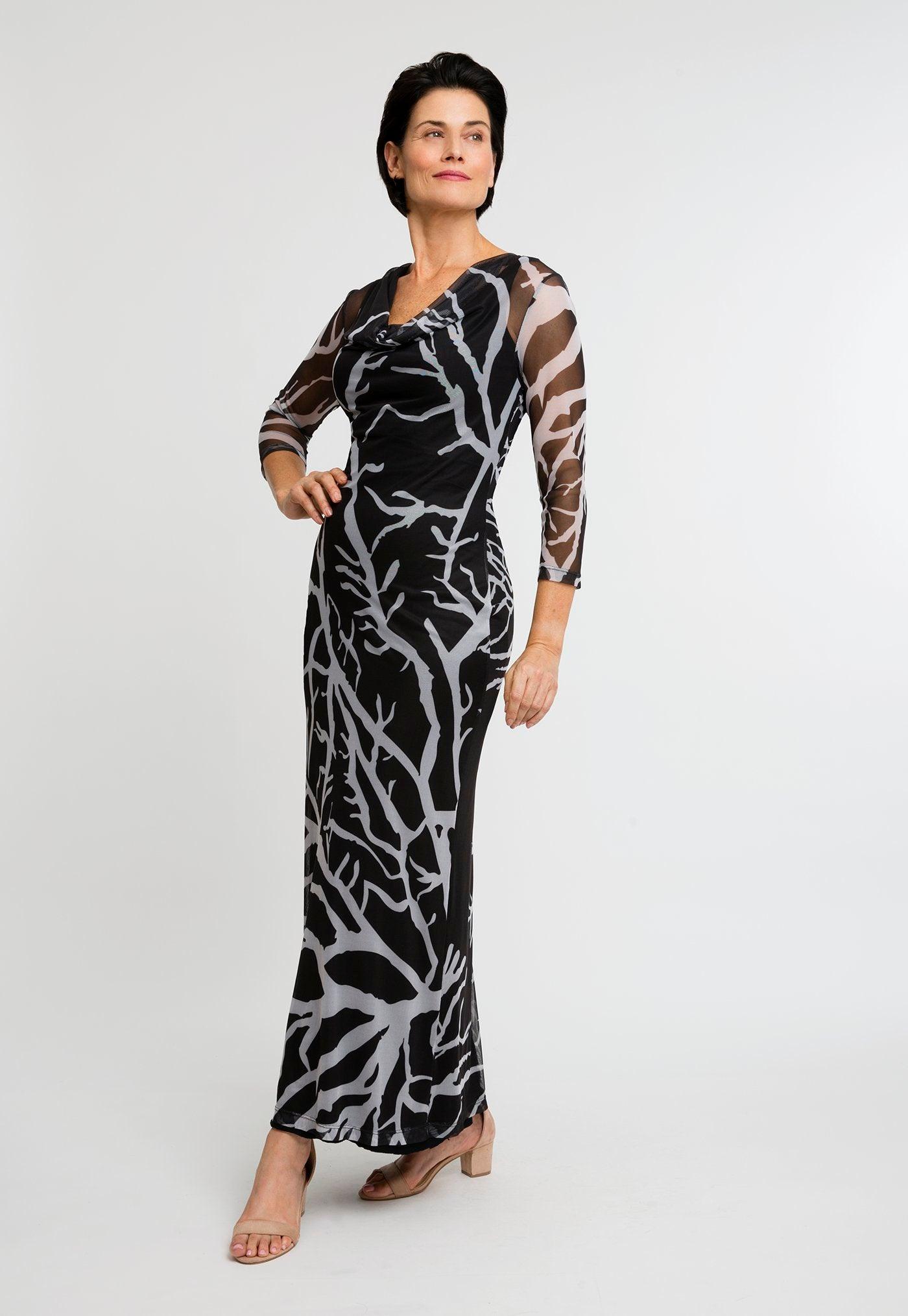 black and white coral printed stretch knit long dress with long mesh black and white coral printed cowl neck dress