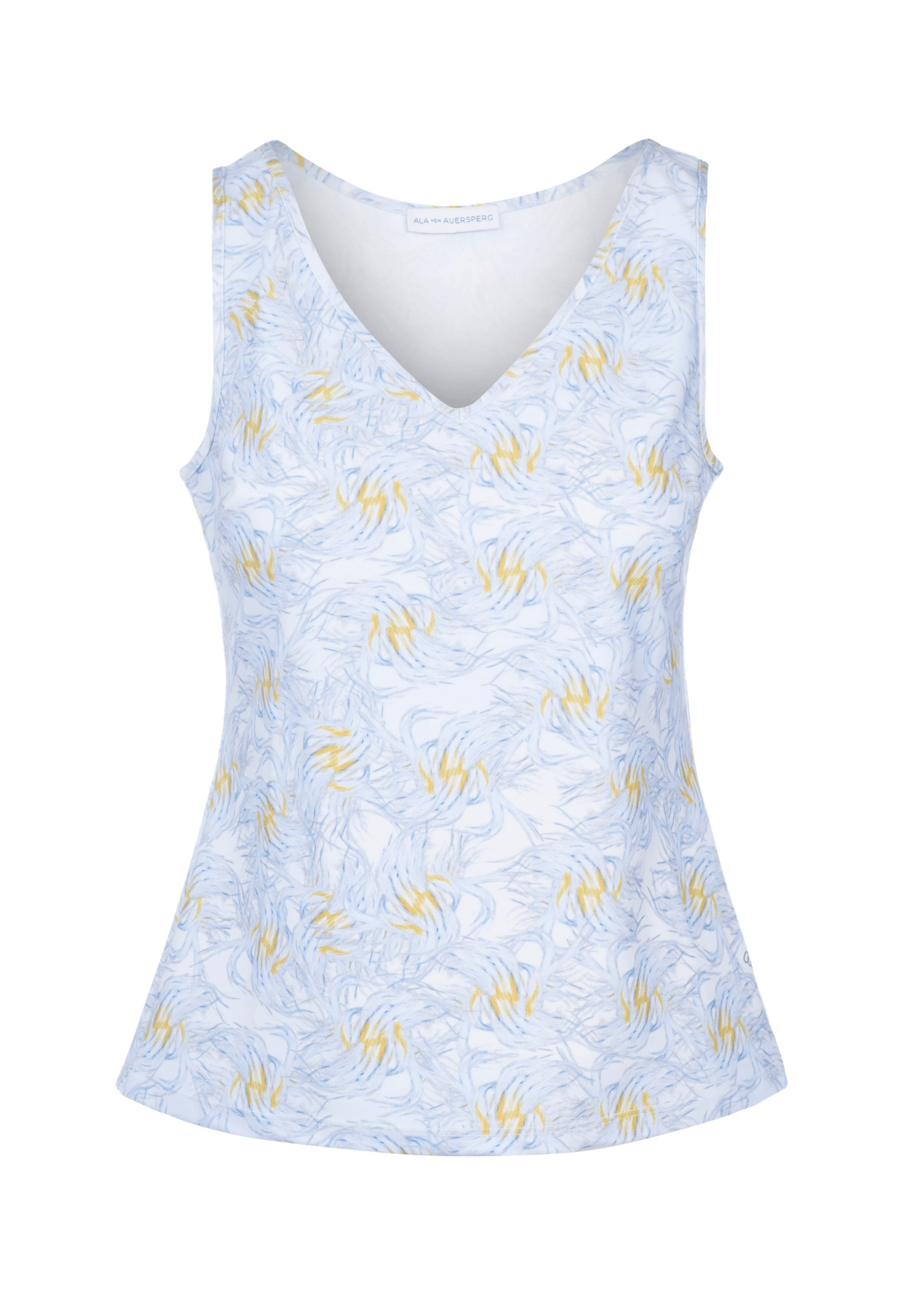 blue and yellow feather printed stretch knit tank top