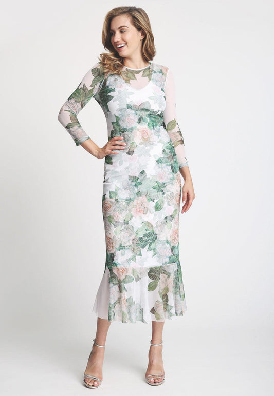 Mesh short gardenia printed ruffle dress over short stretch knit gardenia flower printed dress