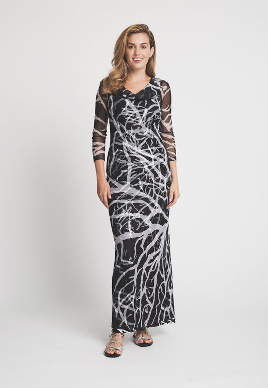 mesh black and white coral printed cowl neck dress over long black and white coral printed stretch knit dress