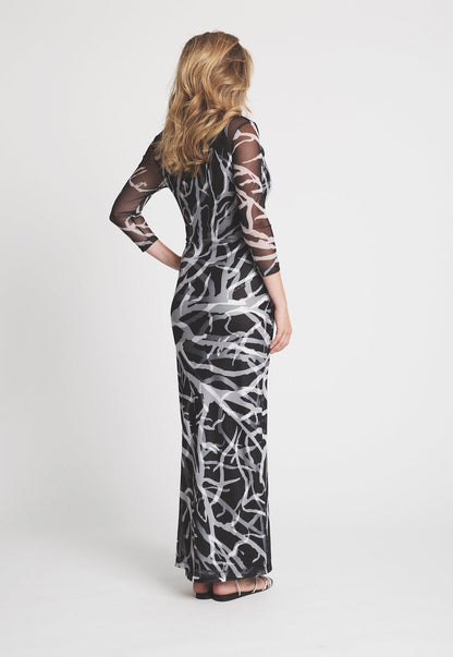 mesh black and white coral printed cowl neck dress over long black and white coral printed stretch knit dress