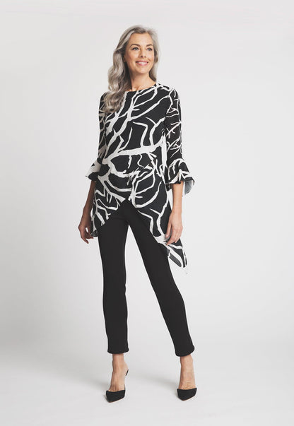black and white coral printed silk asymmetrical blouse
