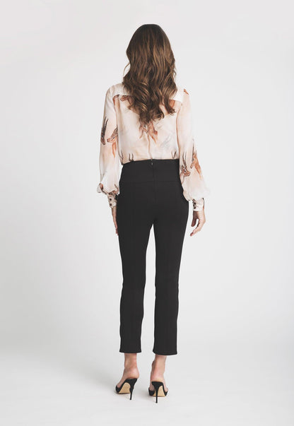 silk bellowed sleeve blouse with antelope print with black suede pant