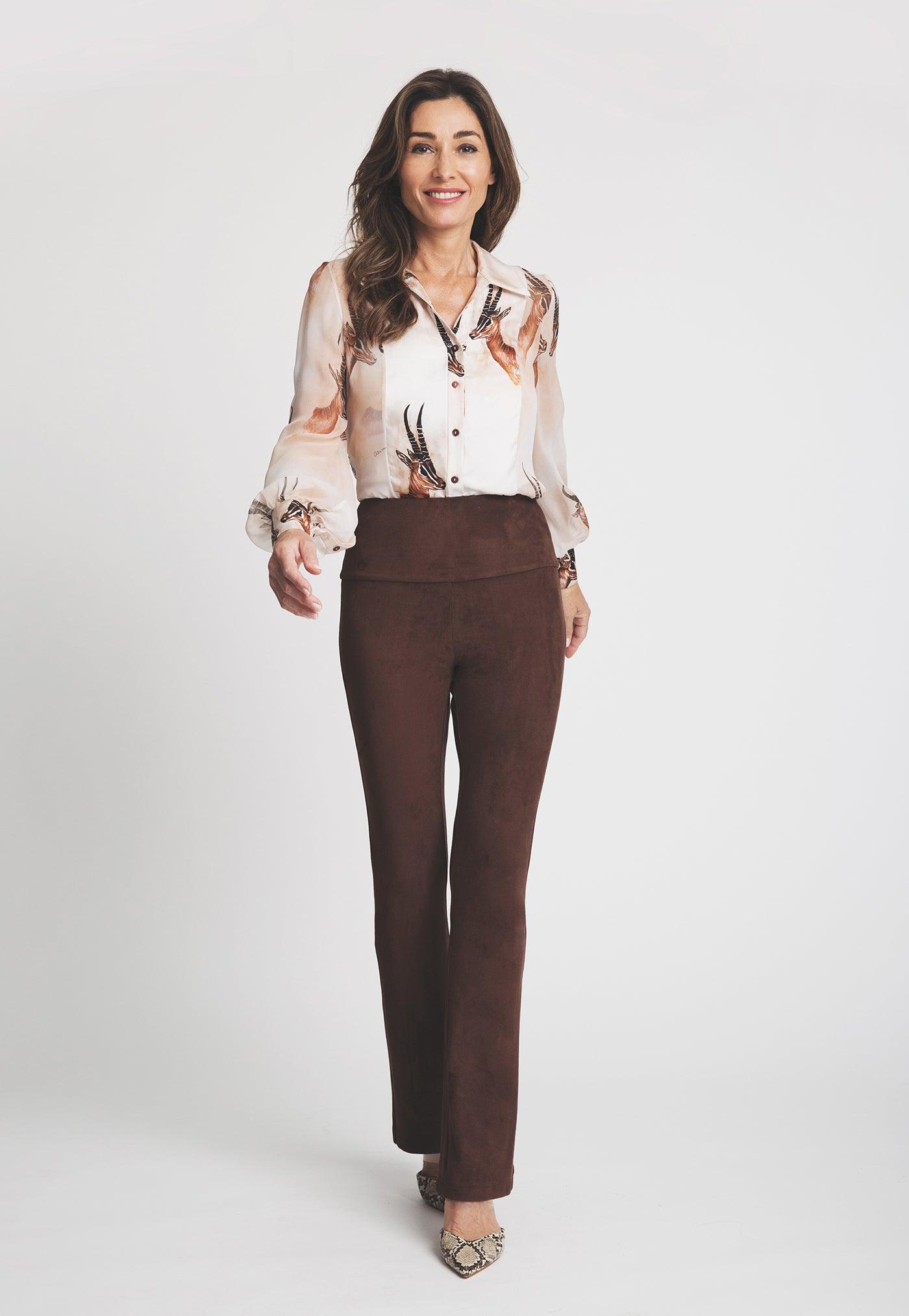 silk bellowed sleeve blouse with antelope print with brown suede pants