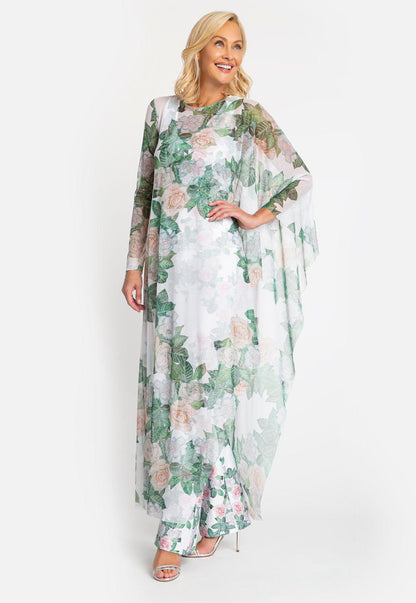 mesh one sleeved gardena flower printed poncho over stretch knit tank top and stretch knit pants in gardenia flower print